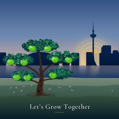 Illustration: a bonsai tree on a green lawn overlooking the Toronto skyline and the CN Tower, under a golden sun, with green apples, above the words Let’s Grow Together.